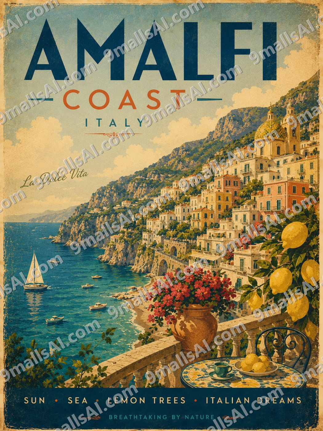 Vintage Amalfi Coast Italy Travel Poster – Retro Italian Coastal Wall Art