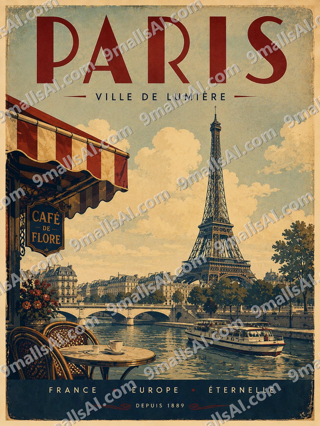 Vintage Paris France Travel Poster – Retro Eiffel Tower Wall Art