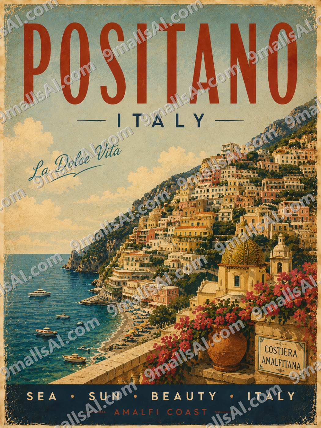 Vintage Positano Italy Travel Poster – Retro Amalfi Coast Wall Art